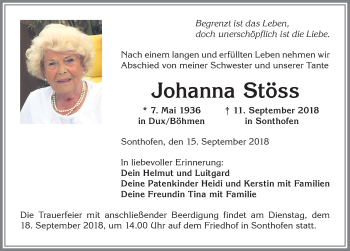 Traueranzeige von Johanna Stöss von Allgäuer Anzeigeblatt