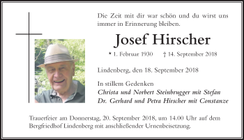 Traueranzeige von Josef Hirscher von Der Westallgäuer