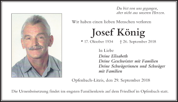 Traueranzeige von Josef König von Der Westallgäuer