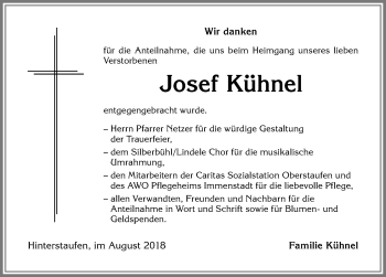 Traueranzeige von Josef Kühnel von Allgäuer Anzeigeblatt