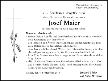 Traueranzeige von Josef Maier von Der Westallgäuer