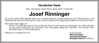Traueranzeige von Josef Rinninger von Memminger Zeitung