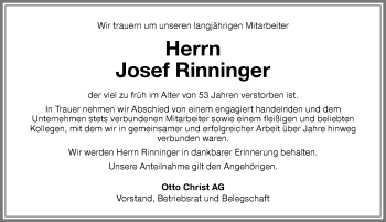 Traueranzeige von Josef Rinninger von Memminger Zeitung