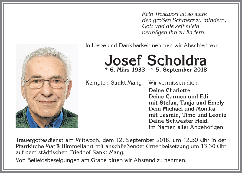  Traueranzeige für Josef Scholdra vom 08.09.2018 aus Allgäuer Zeitung,Kempten