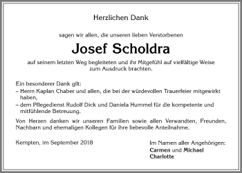 Traueranzeige von Josef Scholdra von Allgäuer Zeitung,Kempten