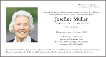 Traueranzeige von Josefine Müller von Der Westallgäuer