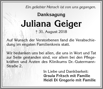 Traueranzeige von Juliana Geiger von Allgäuer Zeitung, Kaufbeuren/Buchloe