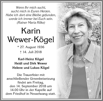 Traueranzeige von Karin Wewer-Kögel von Allgäuer Zeitung, Füssen