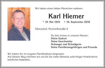 Traueranzeige von Karl Hiemer von Allgäuer Anzeigeblatt