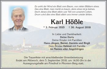 Traueranzeige von Karl Hößle von Allgäuer Zeitung, Füssen