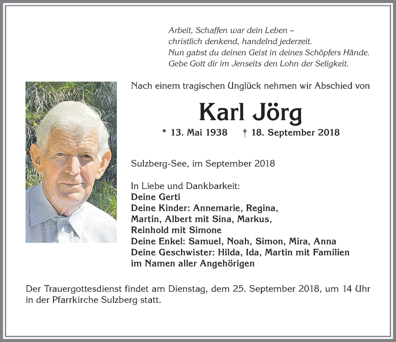  Traueranzeige für Karl Jörg vom 22.09.2018 aus Allgäuer Zeitung,Kempten