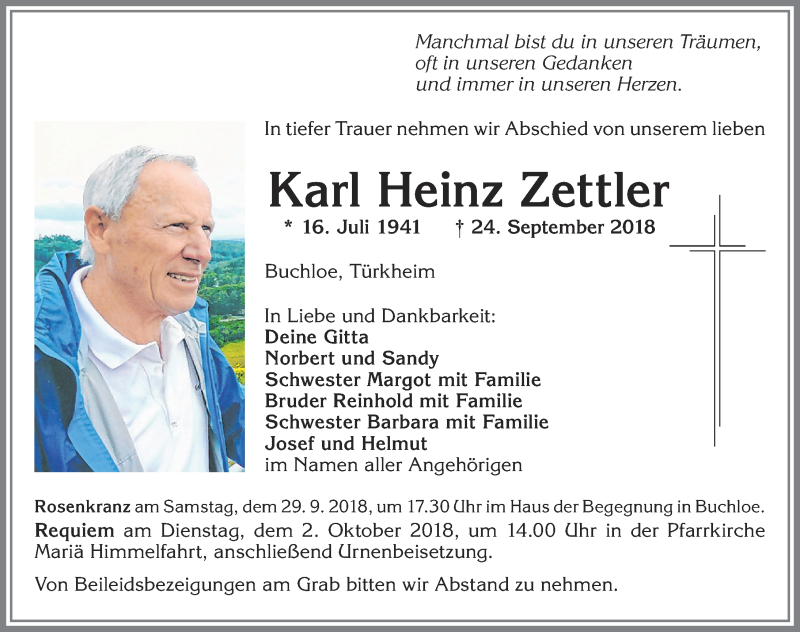  Traueranzeige für Karl Heinz Zettler vom 28.09.2018 aus Allgäuer Zeitung