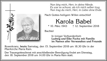 Traueranzeige von Karola Babel von Allgäuer Zeitung,Kempten