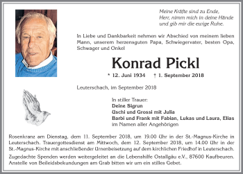 Traueranzeige von Konrad Pickl von Allgäuer Zeitung, Marktoberdorf