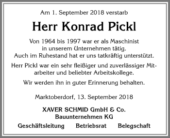 Traueranzeige von Konrad Pickl von Allgäuer Zeitung, Marktoberdorf