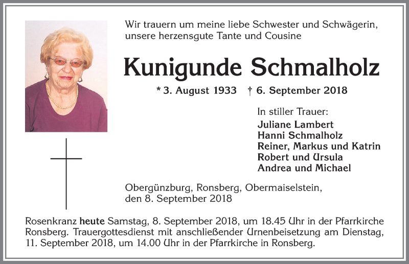  Traueranzeige für Kunigunde Schmalholz vom 08.09.2018 aus Allgäuer Zeitung