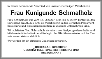 Traueranzeige von Kunigunde Schmalholz von Allgäuer Zeitung, Marktoberdorf