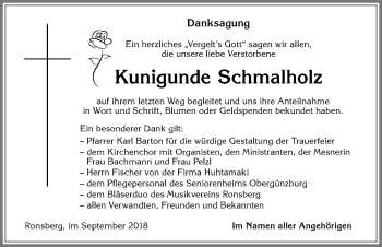 Traueranzeige von Kunigunde Schmalholz von Allgäuer Zeitung, Marktoberdorf