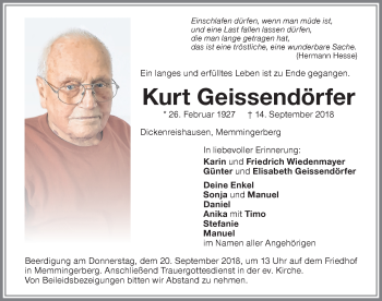 Traueranzeige von Kurt Geissendörfer von Memminger Zeitung