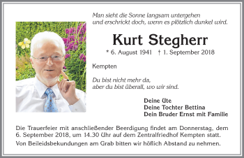 Traueranzeige von Kurt Stegherr von Allgäuer Zeitung,Kempten