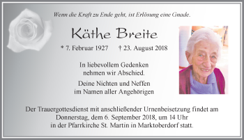 Traueranzeige von Käthe Breite von Allgäuer Zeitung, Marktoberdorf