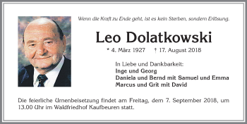 Traueranzeige von Leo Dolatkowski von Allgäuer Zeitung, Kaufbeuren/Buchloe