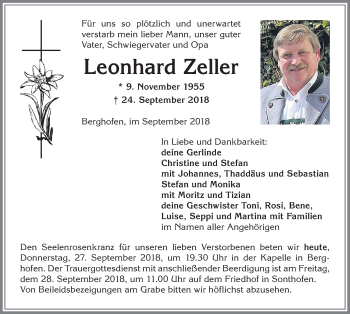 Traueranzeige von Leonhard Zeller von Allgäuer Anzeigeblatt