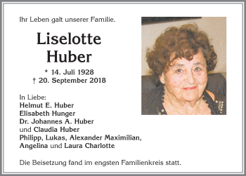 Traueranzeige von Liselotte Huber von Allgäuer Zeitung,Kempten