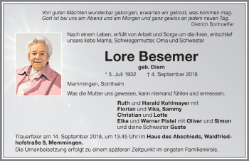 Traueranzeige von Lore Besemer von Memminger Zeitung