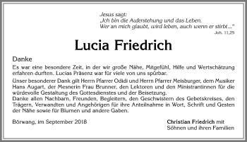 Traueranzeige von Lucia Friedrich von Allgäuer Zeitung,Kempten