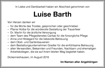 Traueranzeige von Luise Barth von Memminger Zeitung