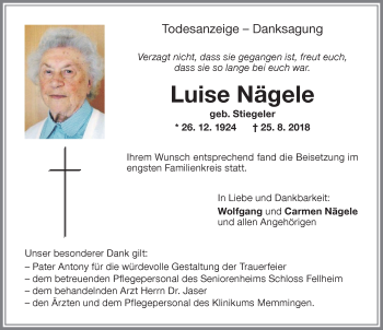 Traueranzeige von Luise Nägele von Memminger Zeitung