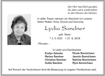 Traueranzeige von Lydia Sandner von Allgäuer Zeitung, Füssen