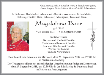 Traueranzeige von MAgdalena Baur von Allgäuer Zeitung, Marktoberdorf