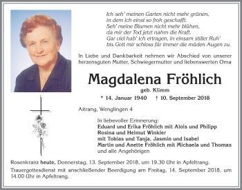 Traueranzeige von Magdalena Fröhlich von Allgäuer Zeitung