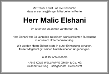 Traueranzeige von Malic Elshani von Memminger Zeitung