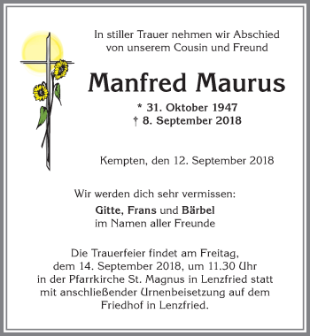 Traueranzeige von Manfred Maurus von Allgäuer Zeitung,Kempten