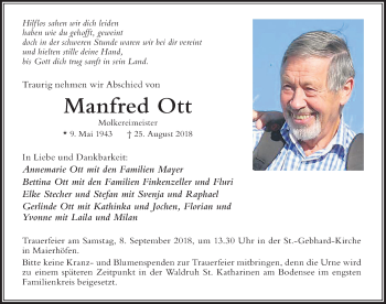 Traueranzeige von Manfred Ott von Der Westallgäuer