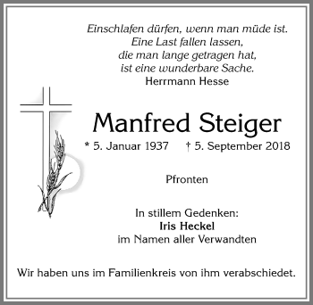 Traueranzeige von Manfred Steiger von Allgäuer Zeitung, Füssen