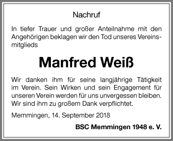 Traueranzeige von Manfred Weiß von Memminger Zeitung