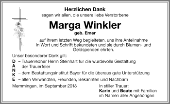 Traueranzeige von Marga Winkler von Memminger Zeitung