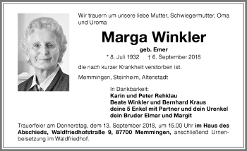 Traueranzeige von Marga Winkler von Memminger Zeitung