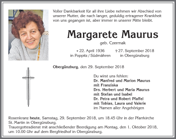Traueranzeige von Margarete Maurus von Allgäuer Zeitung, Marktoberdorf