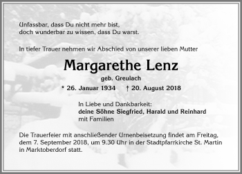 Traueranzeige von Margarethe Lenz von Allgäuer Zeitung, Marktoberdorf