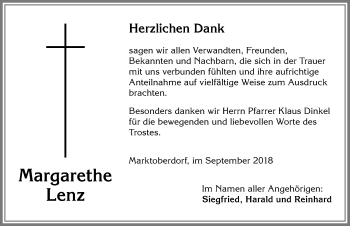 Traueranzeige von Margarethe Lenz von Allgäuer Zeitung, Marktoberdorf