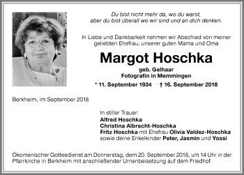 Traueranzeige von Margot Hoschka von Memminger Zeitung