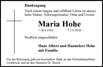 Traueranzeige von Maria Hohe von Allgäuer Zeitung, Füssen