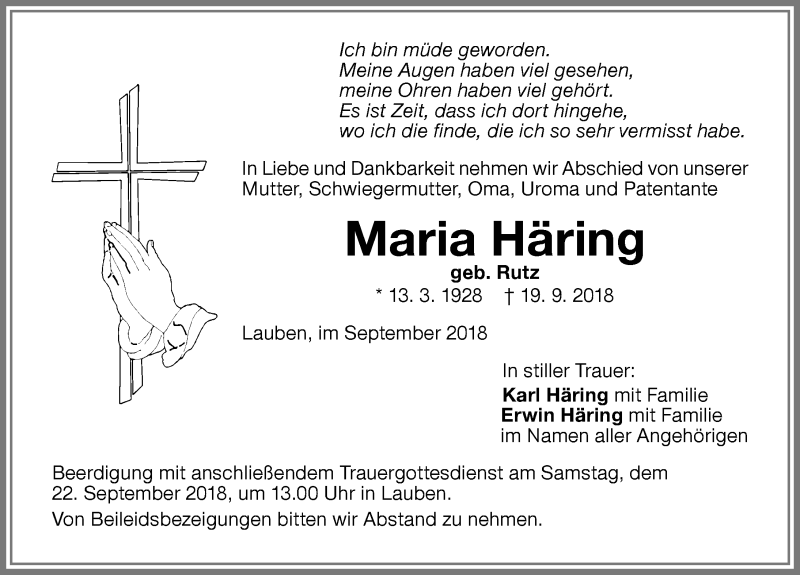  Traueranzeige für Maria Häring vom 21.09.2018 aus Memminger Zeitung