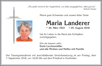 Traueranzeige von Maria Landerer von Allgäuer Anzeigeblatt