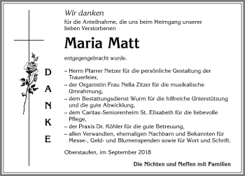 Traueranzeige von Maria Matt von Allgäuer Anzeigeblatt
